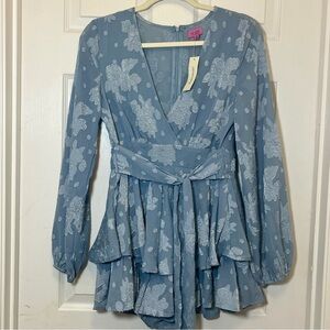 NWT Slate Blue Texured Floral Tiered Ruffle Mini Dress